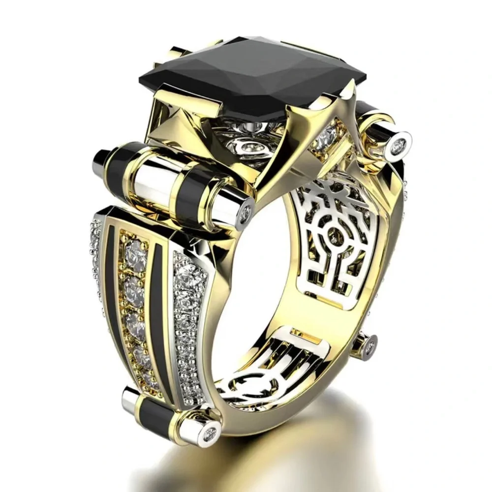 Men’s fashionable faceted black stone gold metal gentleman band ring NWT 13
